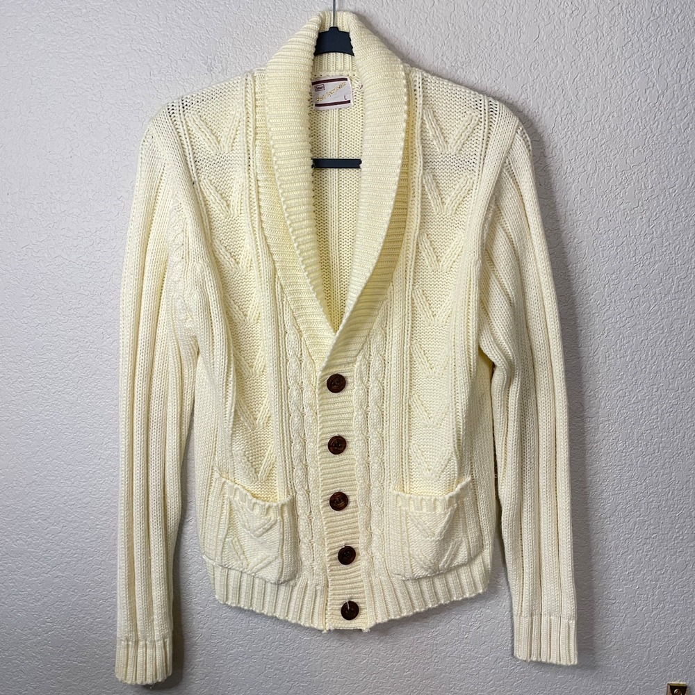 Vtg Sears Sportswear Cardigan Mens Large Sweater Cream Cable Knit Pockets Grandp